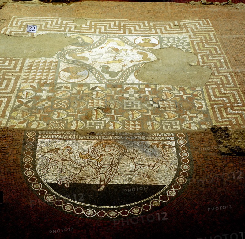 Floor mosaic showing Europa riding a bull, Lullingstone Roman Villa, Kent. Artist: Unknown