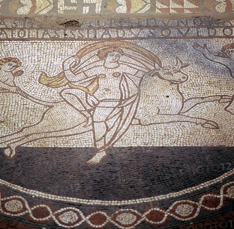 Detail of Floor mosaic showing Europa riding a bull, Lullingstone Roman Villa, Kent. Artist: Unknown