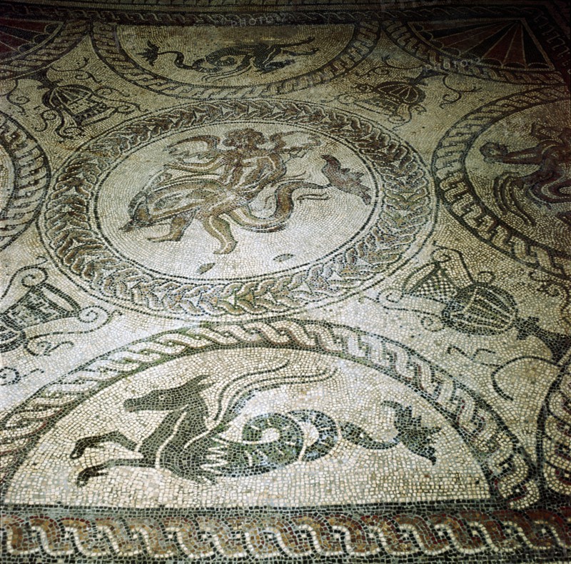 Seahorse and Cupid on Dolphin mosaic, Fishbourne Roman Villa, Sussex. Artist: Unknown