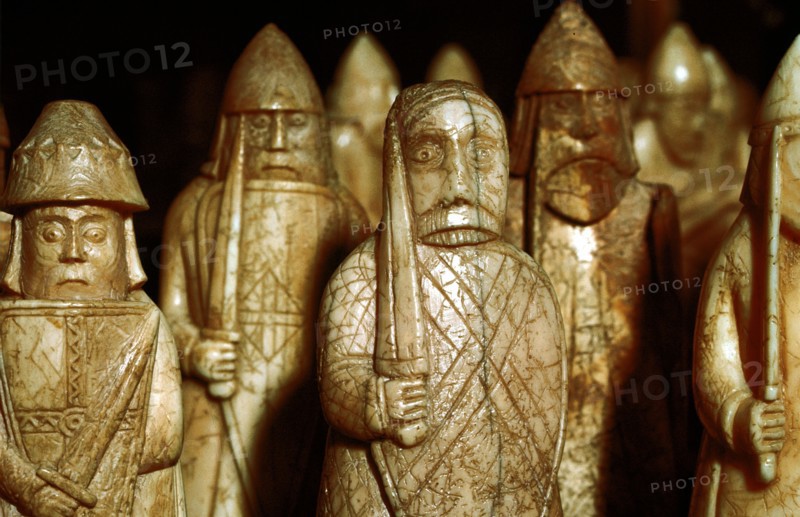 Norse chessmen, from a Viking hoard, Isle of Lewis, Scotland. Artist: Unknown