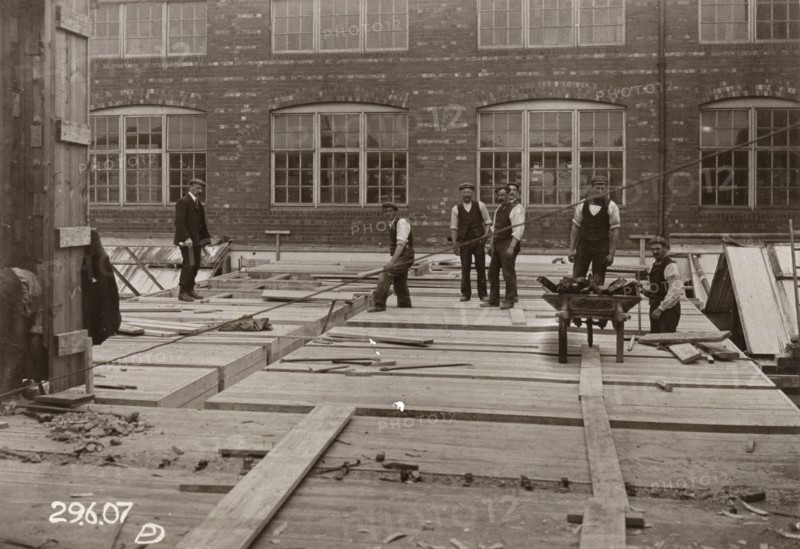 Builders at work, Rowntree factory, York, Yorkshire, 1907. Artist: Unknown