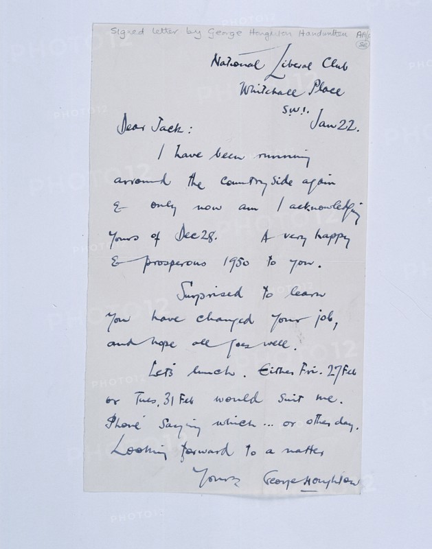 Handwritten letter by golfing author and cartoonist George Houghton, c1950s. Artist: George Houghton