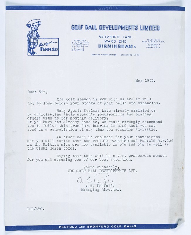 Signed letter from Managing Director, Penfold Golf Balls to stockists, British, 1955. Artist: Unknown