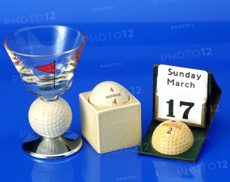 Hand-painted wine glass with golf ball,c1950; Advertising calendar with Penfold ball, c1930. Artist: Unknown