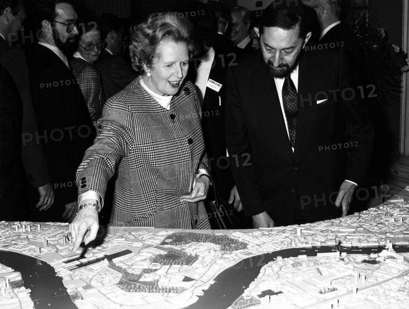 Margaret Thatcher (1925- ), British Prime Minister, viewing the Canary Wharf scheme, 1988. Artist: Unknown