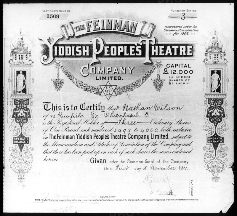 Yiddish People's Theatre share certificate, 1 November 1911. Artist: Unknown