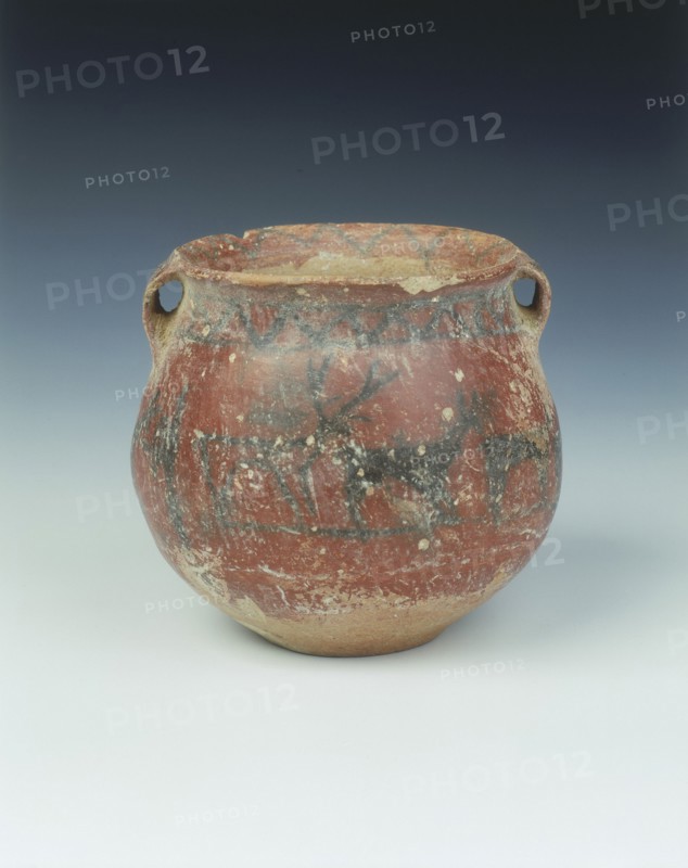 Ochre red slipped pottery jar with deer and archer, Karuo culture, China, c2300-c1800 BC. Artist: Unknown