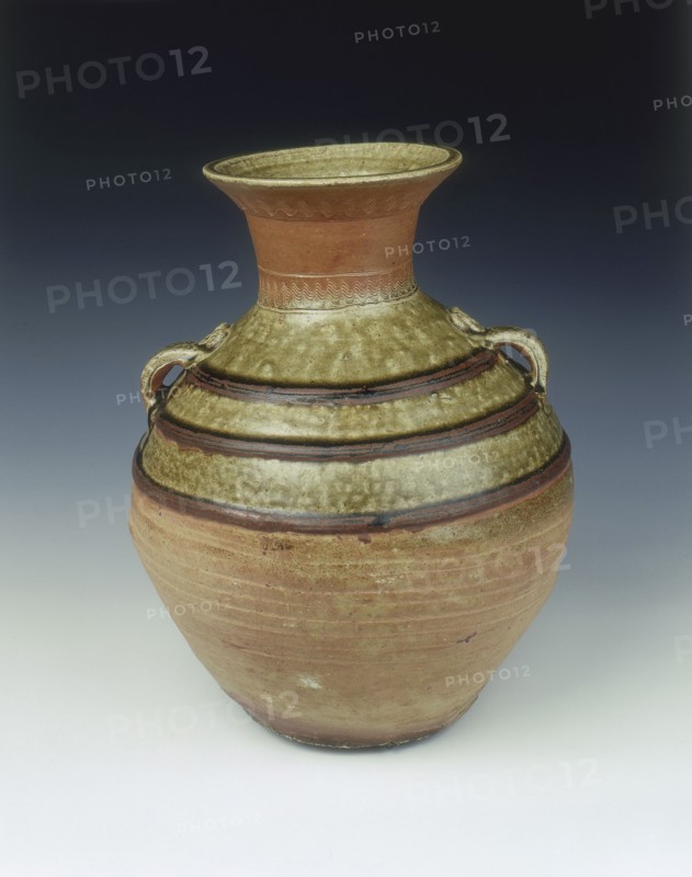 Yue celadon stoneware hu with three black bands, Eastern Han dynasty, China, 1st century. Artist: Unknown