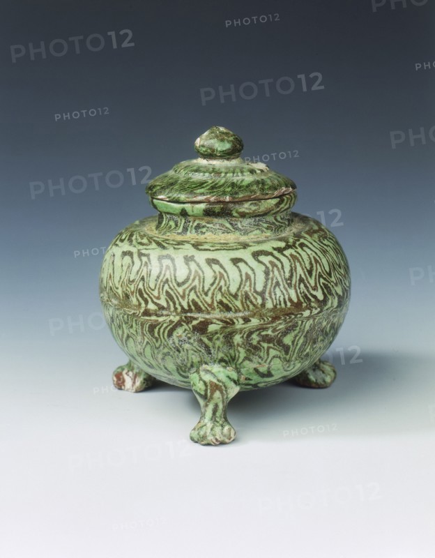 Green marbleware tripod jar and cover, High Tang period, China, 684-756. Artist: Unknown