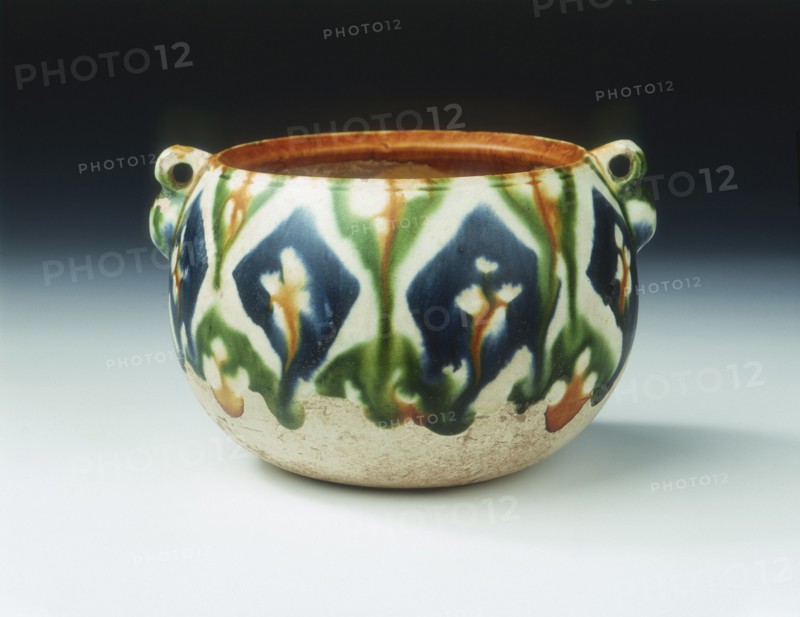Sancai pottery jar with floral and geometric patterns, Tang dynasty, China, early 8th century. Artist: Unknown