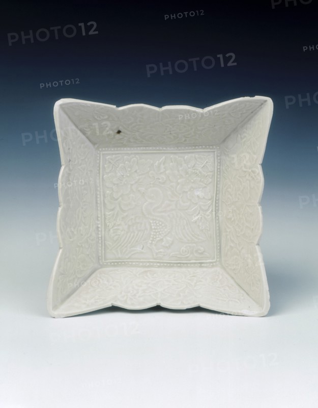 Ding type scalloped-edged square saucer with duck amid foliage, Liao dynasty, mid 11th century. Artist: Unknown