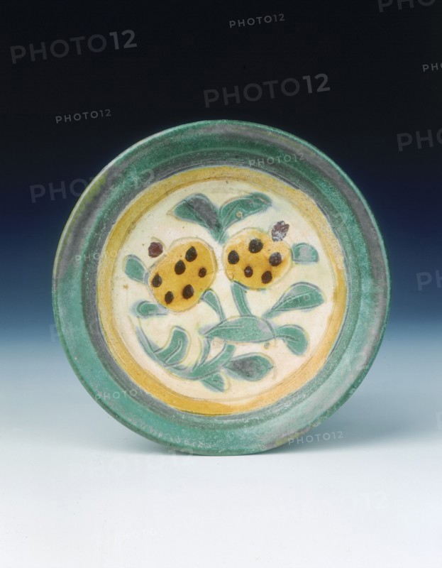 Cizhou-type saucer with pomegranate spray in polychrome glazes, Jin dynasty, China, 1115-1234. Artist: Unknown