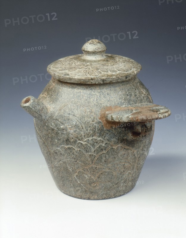 Steatite ewer and cover with cabbage-like foliage in low relief, Late Tang dynasty, 9th century. Artist: Unknown
