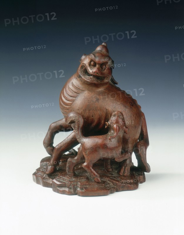 Bamboo carving of a fabulous animal and young, China, 1710-1735. Artist: Unknown