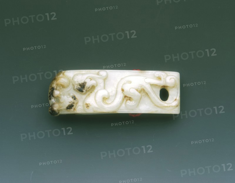 Jade sword scabbard slide with kui dragons, Western Han dynasty, China, 206 BC-8. Artist: Unknown