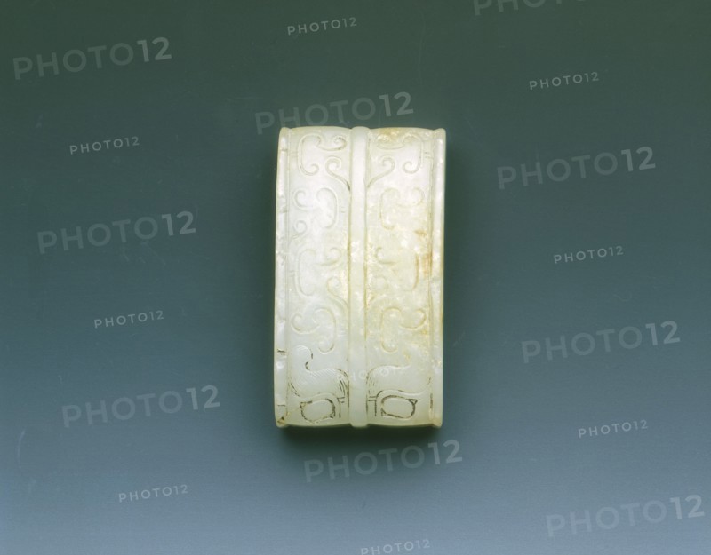 Jade sword scabbard fitting with taotie, Western Han dynasty, China, 206 BC-8. Artist: Unknown