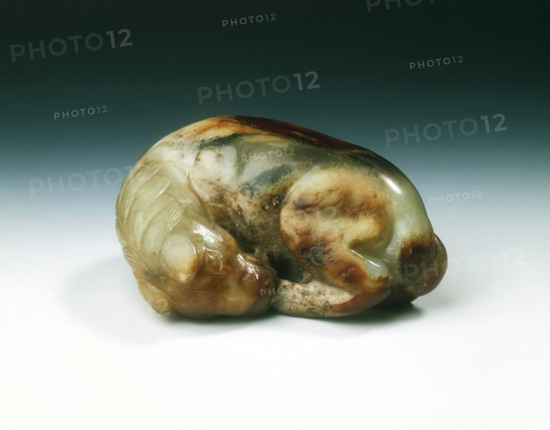 Jade horse with knotted tail biting its rear foot, Tang dynasty, China, 618-907. Artist: Unknown