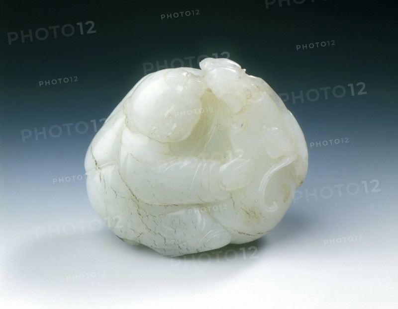 Jade boy with gourd backed by plantain leaf, late Ming dynasty, China, 1550-1644. Artist: Unknown