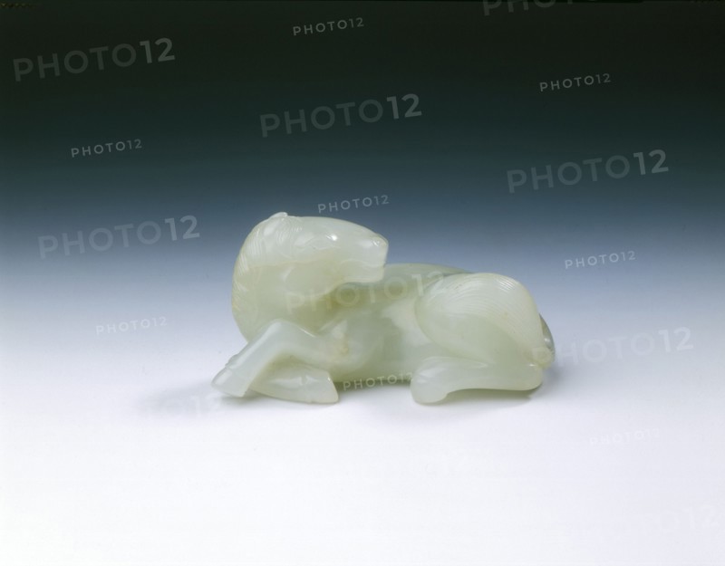 White jade recumbent horse with tail up, Qing dynasty, China, 18th century. Artist: Unknown