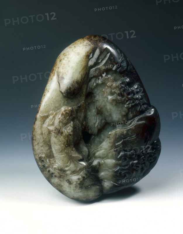 Jade pebble with Bodhidharma crossing a mountain stream, Qing dynasty, China, 1662-1772. Artist: Unknown