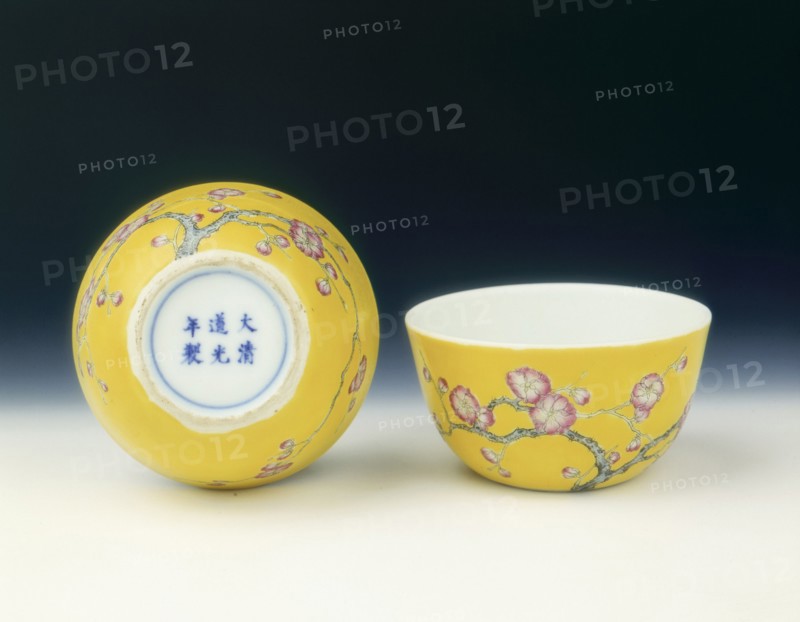 Pair of yellow ground famille rose cups, Late Qing dynasty, 19th-early 20th century. Artist: Unknown