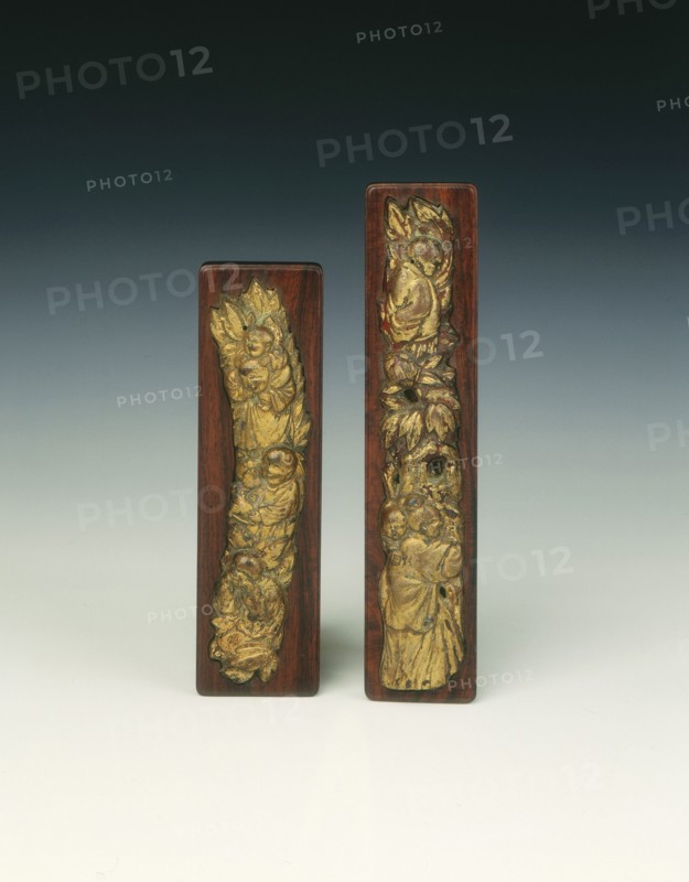 Pair of gilt pewter scroll weights, Late Ming dynasty, China, 17th century. Artist: Unknown