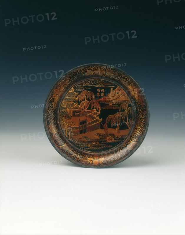 Black lacquer saucer with landscape decoration, Qing dynasty, China, late 18th/early 19th century. Artist: Unknown