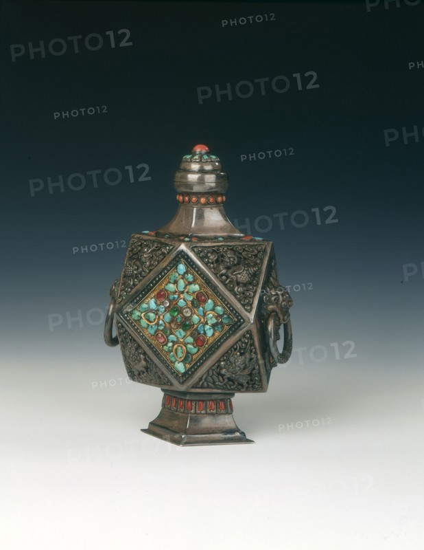 Silver wine pot with coral and turquoise inlays, Mongolia, 19th century. Artist: Unknown