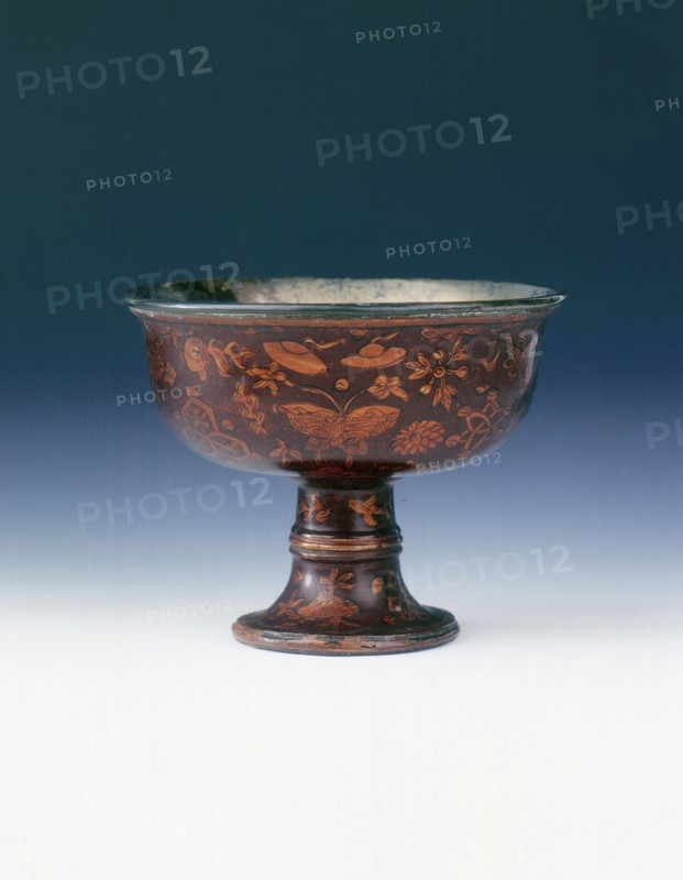 Lacquer stem cup with Buddhist emblems and butterflies, Ming dynasty, China, 17th century. Artist: Unknown