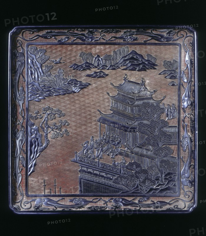 Red and black carved square lacquer tray with landscape, Qing dynasty, China, 17th-18th century. Artist: Unknown