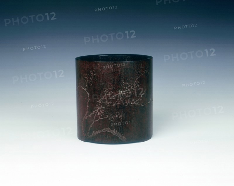 Golden fleece zitan brushpot with prunus tree and calligraphy, Qing dynasty, China, 1785. Artist: Unknown