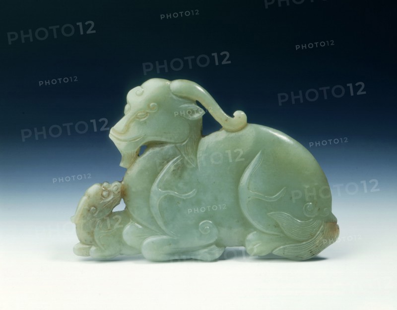Jade mythical animal and young plaque, Yuan or early Ming dynasty, China, 14th-15th century. Artist: Unknown