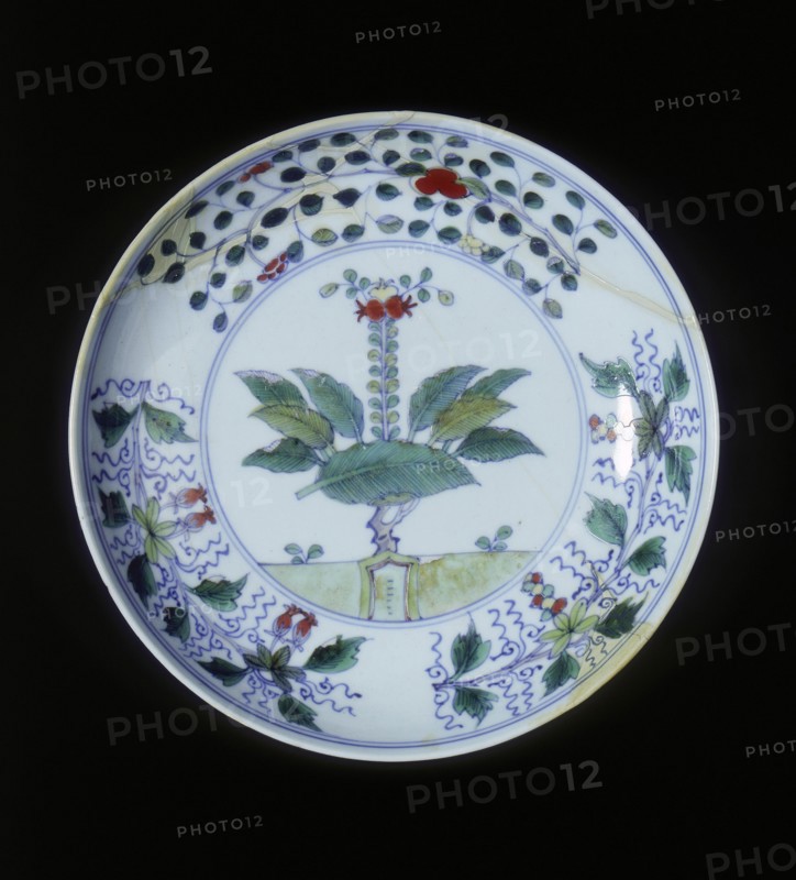Doucai plate with pomegranate tree and floral groups, Qing dynasty, China, 1700-1722. Artist: Unknown
