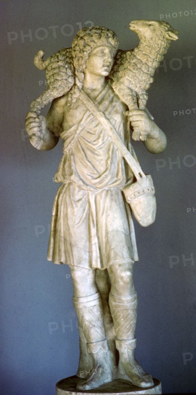 Statue of Jesus as the good shepherd, early Christian Catacombs, Rome, Italy. Artist: Unknown