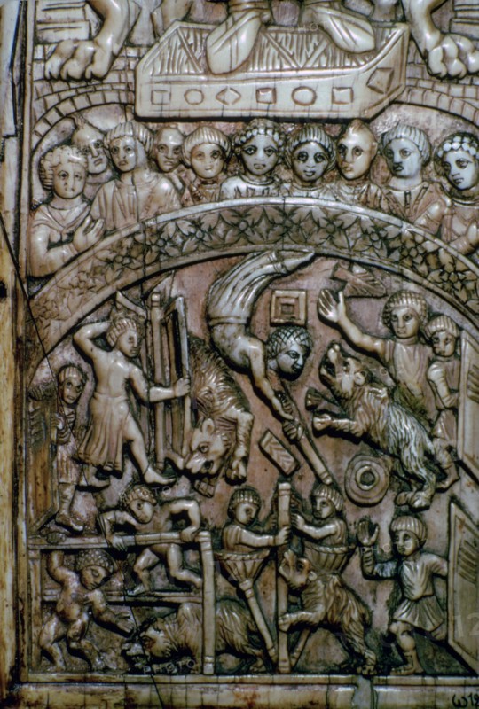 Detail of a leaf of a Byzantine ivory diptych showing men and bears at the circus.
