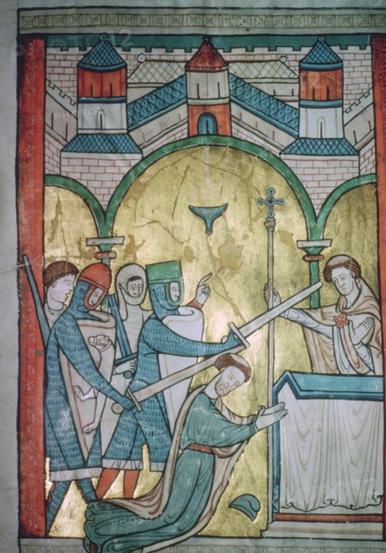 Twelfth century illustration of the murder of St Thomas-a-Becket (1118-1170) from a psalter.
