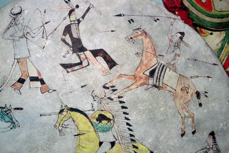 Detail of a war shield showing North American Indians in battle. Artist: Unknown