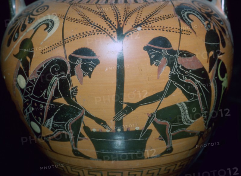 Vase-painting of Achilles and Ajax playing dice. Artist: Unknown
