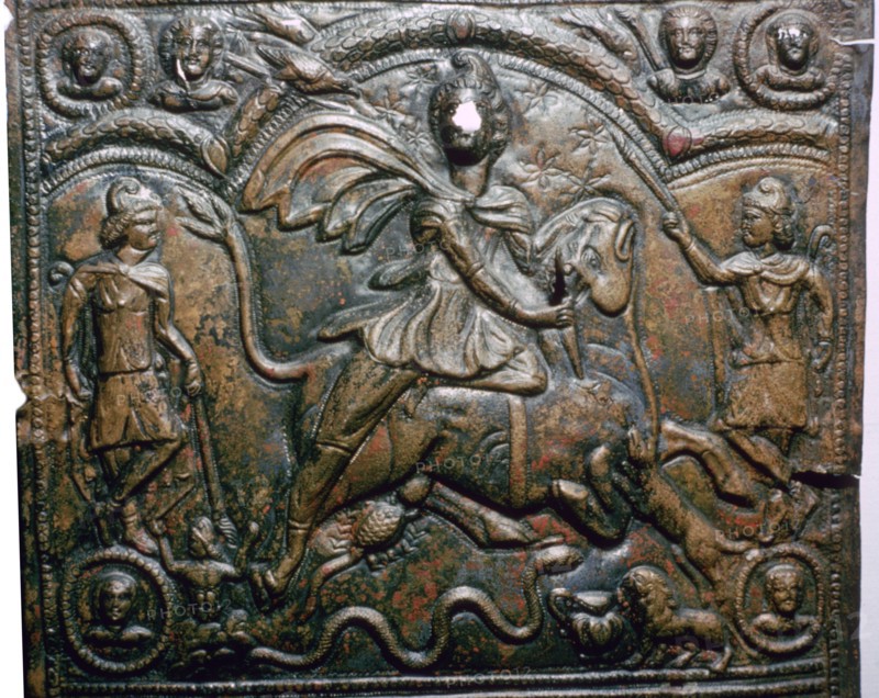 Bronze Roman relief of Mithras killing a bull. Artist: Unknown