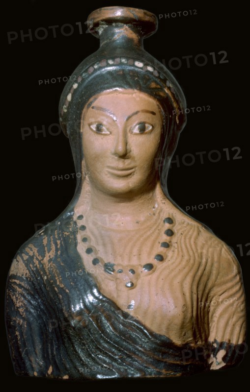 Teracotta scent-bottle in the shape of a woman's bust, made in Rhodes. Artist: Unknown