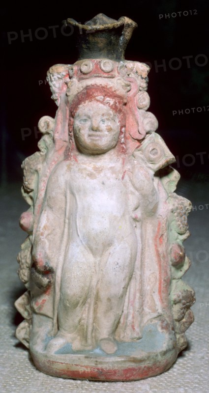 Greek terracotta oil flask of the infant Dionysus. Artist: Unknown