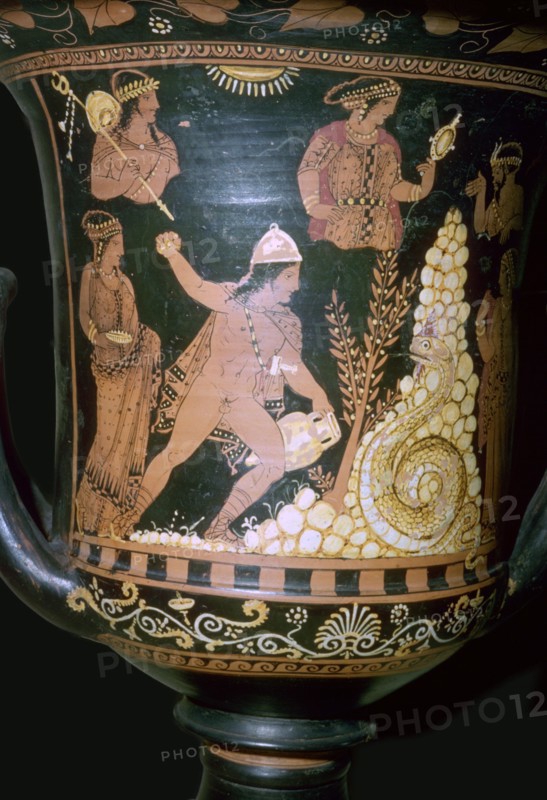 Greek vase painting depicting Cadmus fighting the serpent, 4th century BC. Artist: Unknown