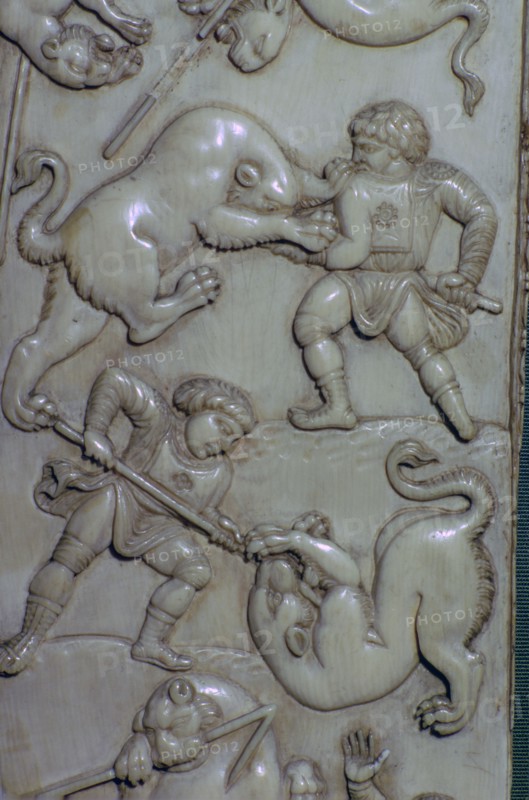 Detail from an ivory diptych of men fighting lions, 6th century. Artist: Unknown