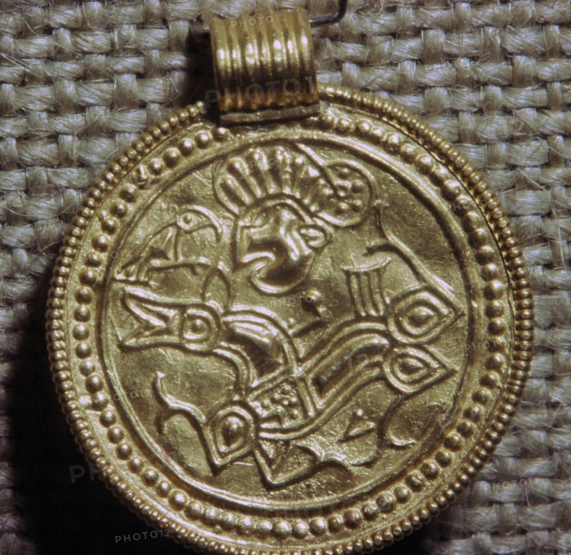Gold bracteate depicting a horse and bird, 5th century. Artist: Unknown
