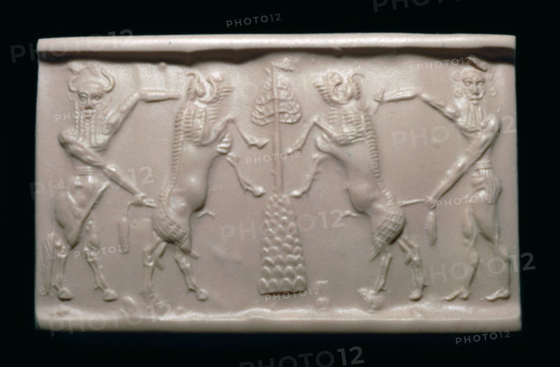 Akkadian cylinder-seal impression of a bull-man and hero. Artist: Unknown