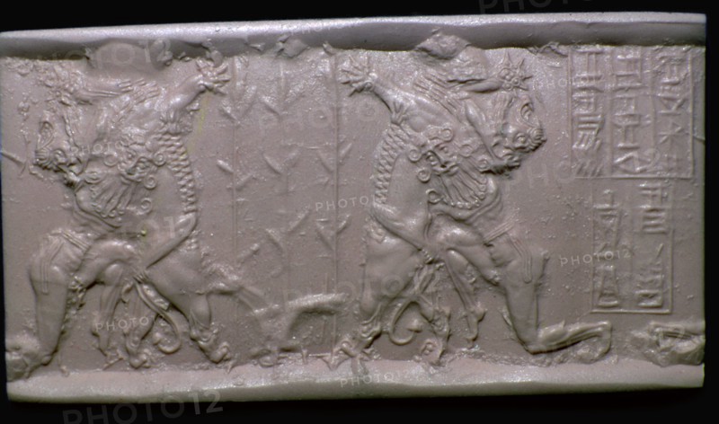 Akkadian cylinder-seal impression of Gilgamesh and a Lion. Artist: Unknown