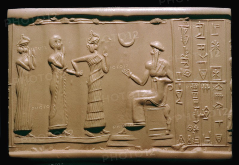 Sumerian cylinder-seal impression depicting a governor being introduced to the king. Artist: Unknown