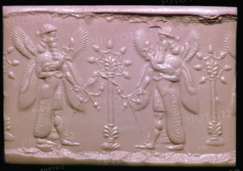 Neo-Assyrian cylinder-seal impression showing mythical beings making offerings. Artist: Unknown