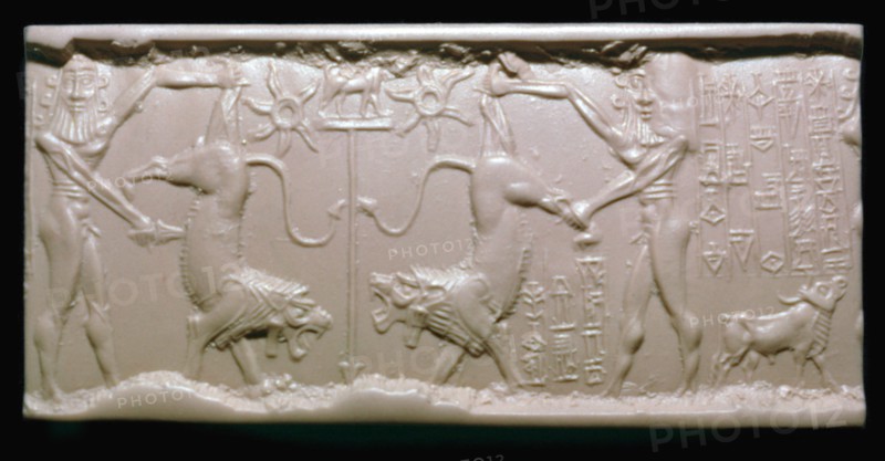 Akkadian cylinder-seal impression of a hero fighting a lion. Artist: Unknown