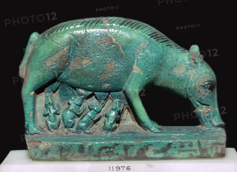 Egyptian faience statuette of a sow and piglets. Artist: Unknown